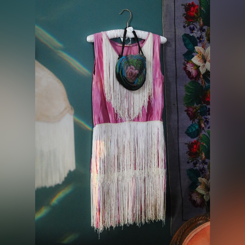 Vintage 70s does 20s Pink Fringe Flapper Style Dress